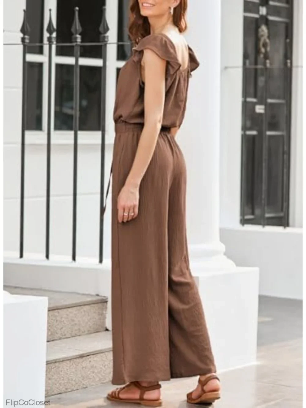 Dokotoo Womens Summer Jumpsuit Square Neck Ruffle Sleeve Wide Leg Romper